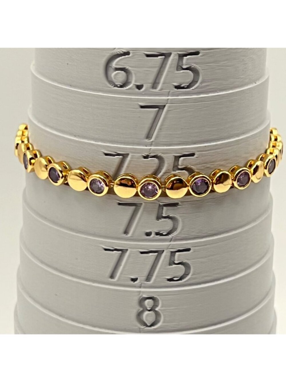 Purple CZ Gold-Tone Bracelet Bezel Set Tennis 7.5" Signed CM Stack Dainty Dressy - Picture 2 of 9